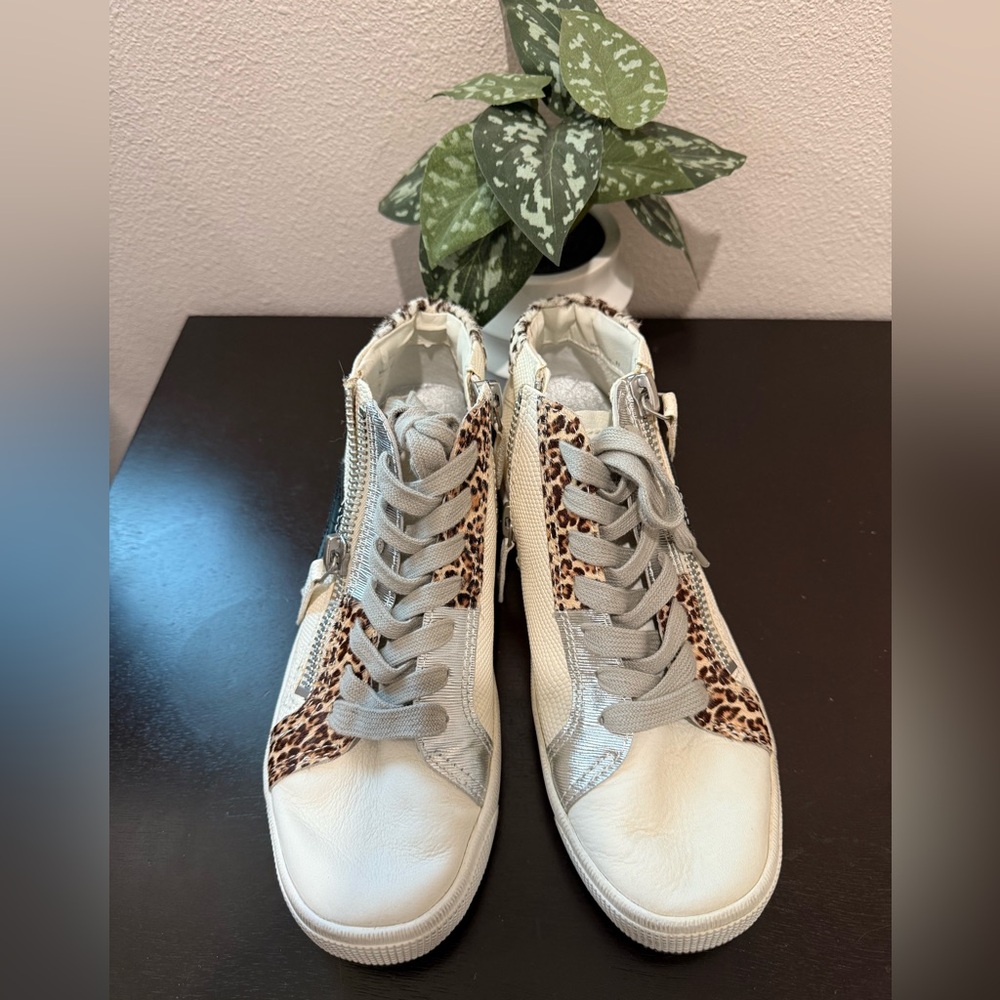Dolce Vita Zonya high-top sneakers in a white, silver, and leopard print design